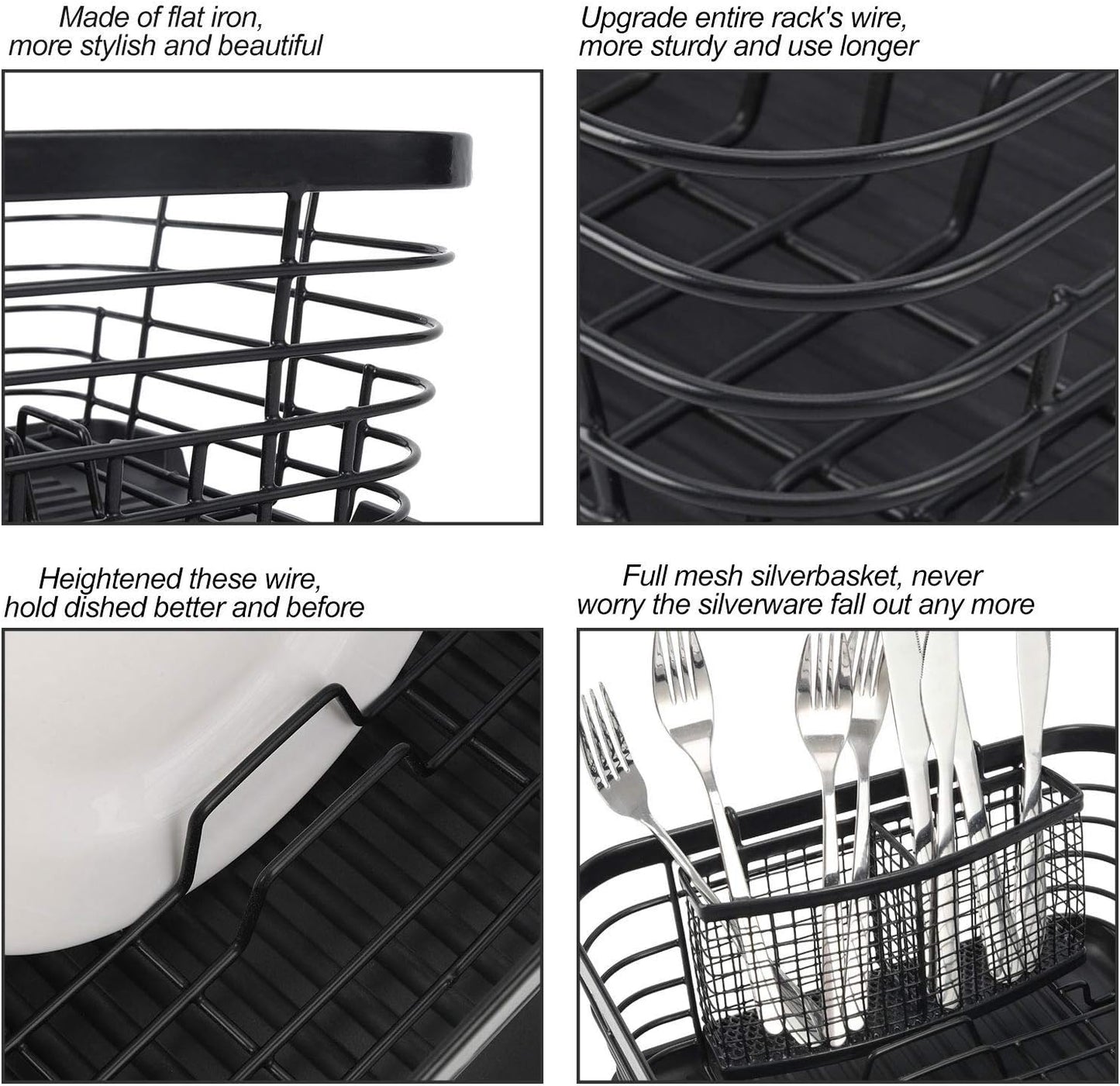 TQVAI Kitchen Dish Drainer Rack with Drying Board and Full-Mesh Silverware Utensils Holder, Black