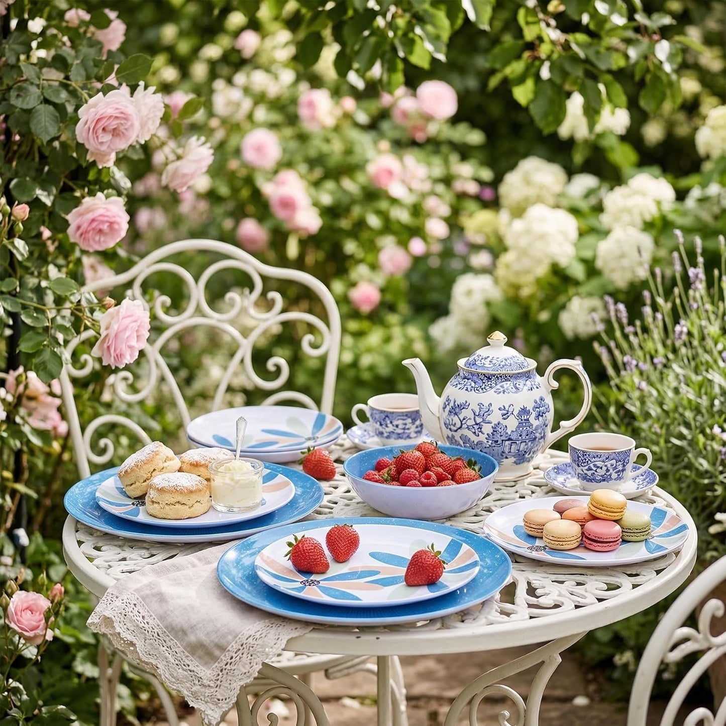Outdoor Melamine Dinnerware Set 12 Pieces, Spring Party Blue Flowers Unbreakable Plates & Bowls, Dishwasher Safe Lightweight for Picnic Pool Party Camping