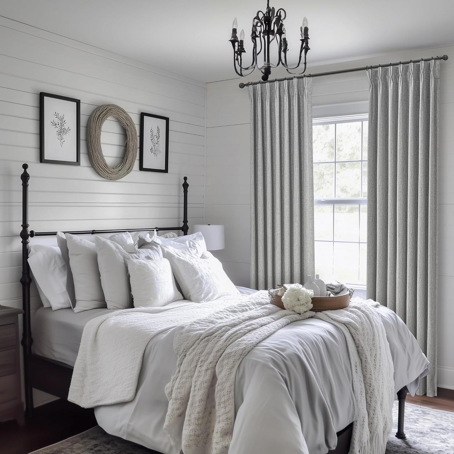 90 Inch Grey Blackout Curtains 2 Panels Set for Bedroom, Pinch Pleated Textured Linen Blend Soundproof Privacy Gray Window Drapes 90 Inches Long with Hooks Rings Back Tab for Boys Room Darkening Burg