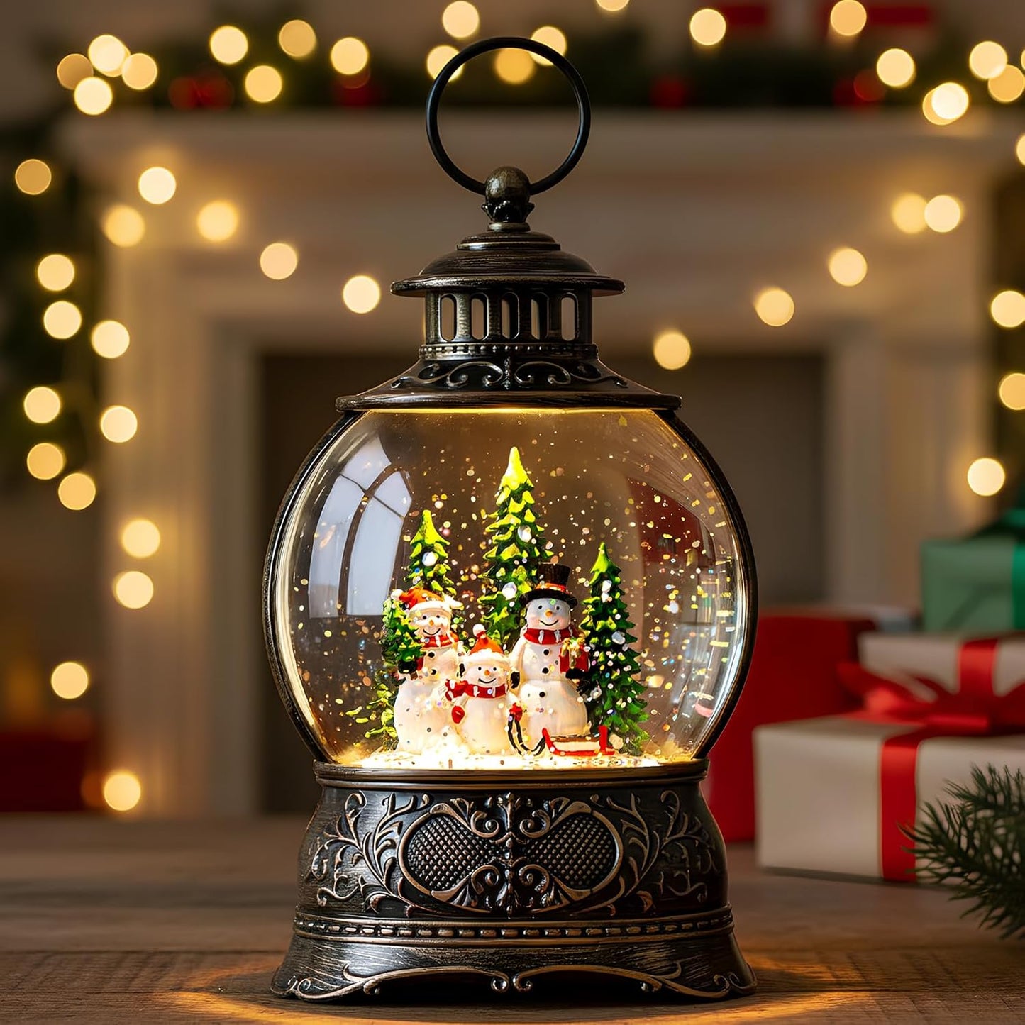 Christmas Snow Globes Christmas Water Lantern with Snowman Family with sled Christmas Tree Music & 6H Timer, USB Lined/Battery Operated Lighted Lanterns for Xmas Festival Decoration Gifts