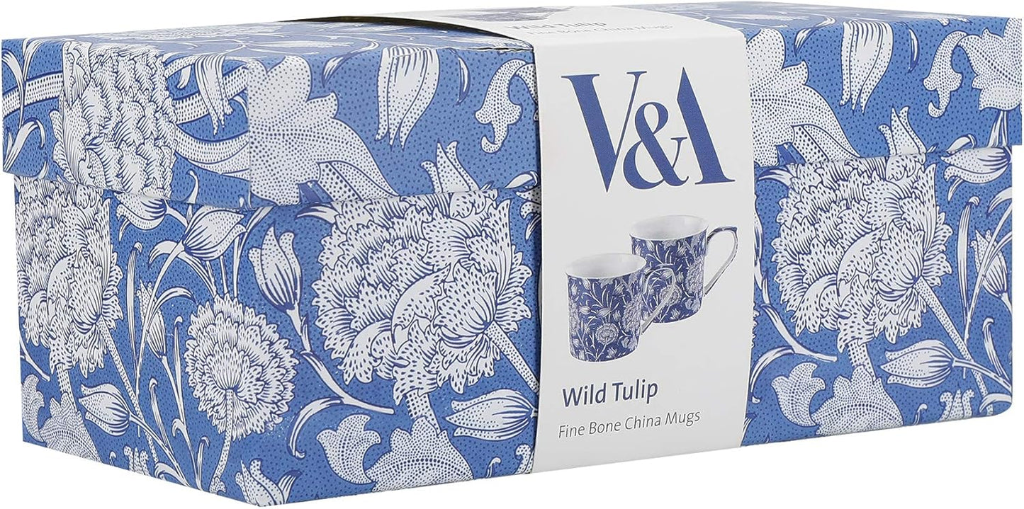 V&A Coffee and Tea Mugs, Porcelain Bone China Mug, William Morris Wild Tulip Design, 300ml, Set of 2, Gift Boxed