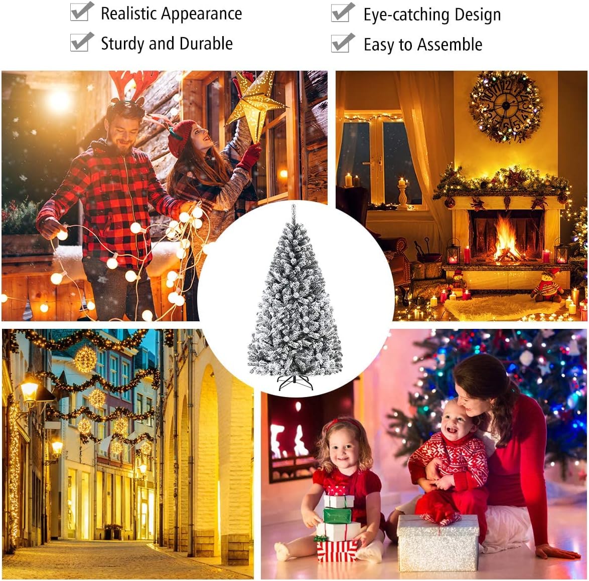 9FT Snow Flocked Christmas Tree, Artificial Pine Tree w/Premium PVC Needles & Solid Metal Stand, Xmas Full Tree for Indoor and Outdoor