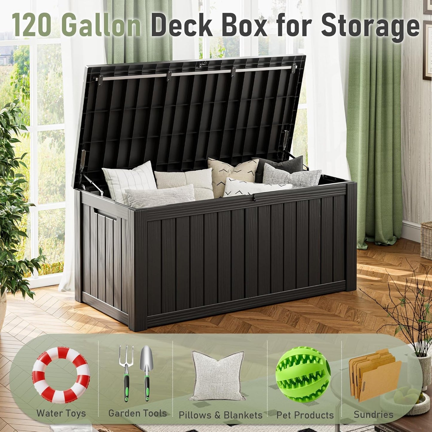 NUNU LAB Outdoor Storage Box,120 Gallon Deck Box,Resin Waterproof Outside Storage Bench,Outdoor Storage Cabinet With Lockable Lid,Backyard Deck Box For Garden Tools,Patio Cushions,Pool Accessories