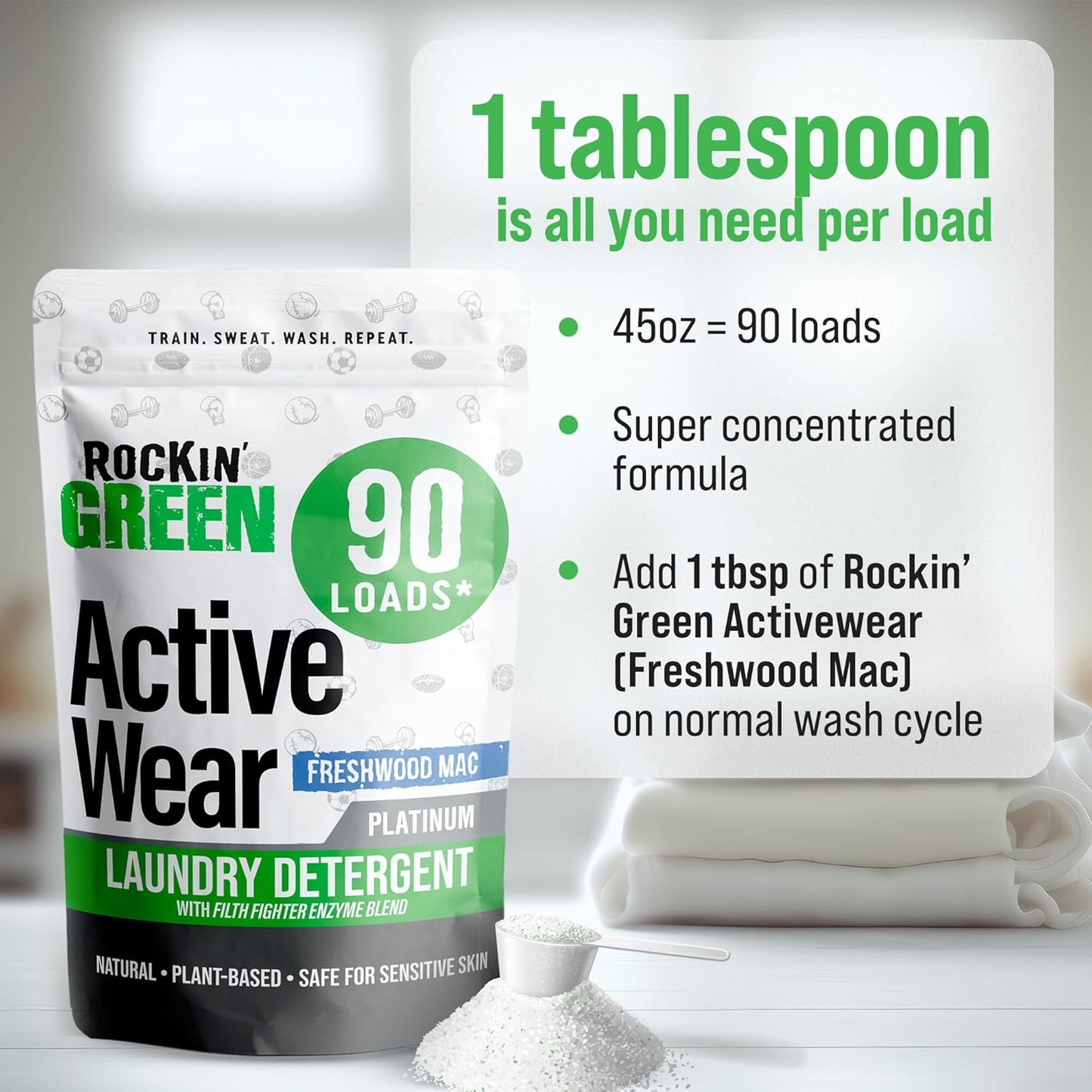 Rockin' Green Laundry Detergent, Plant based, All Natural Laundry Detergent Powder, Vegan and Biodegradable Odor Fighter, Safe for Sensitive Skin (Active Wear 90 Loads - Freshwood Mac)