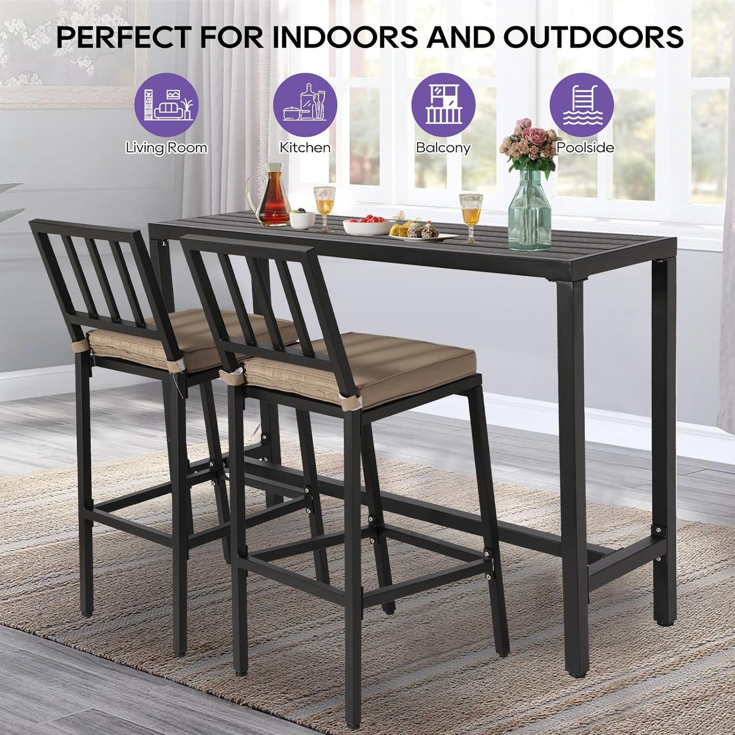 Outdoor Bar Table, 63" Black Patio Counter Height Bar Table, Outdoor Console Table with Weather Resistant Waterproof Top for Hot Tub, Balcony, Garden, Yard, Poolside,Black (Black, 63")