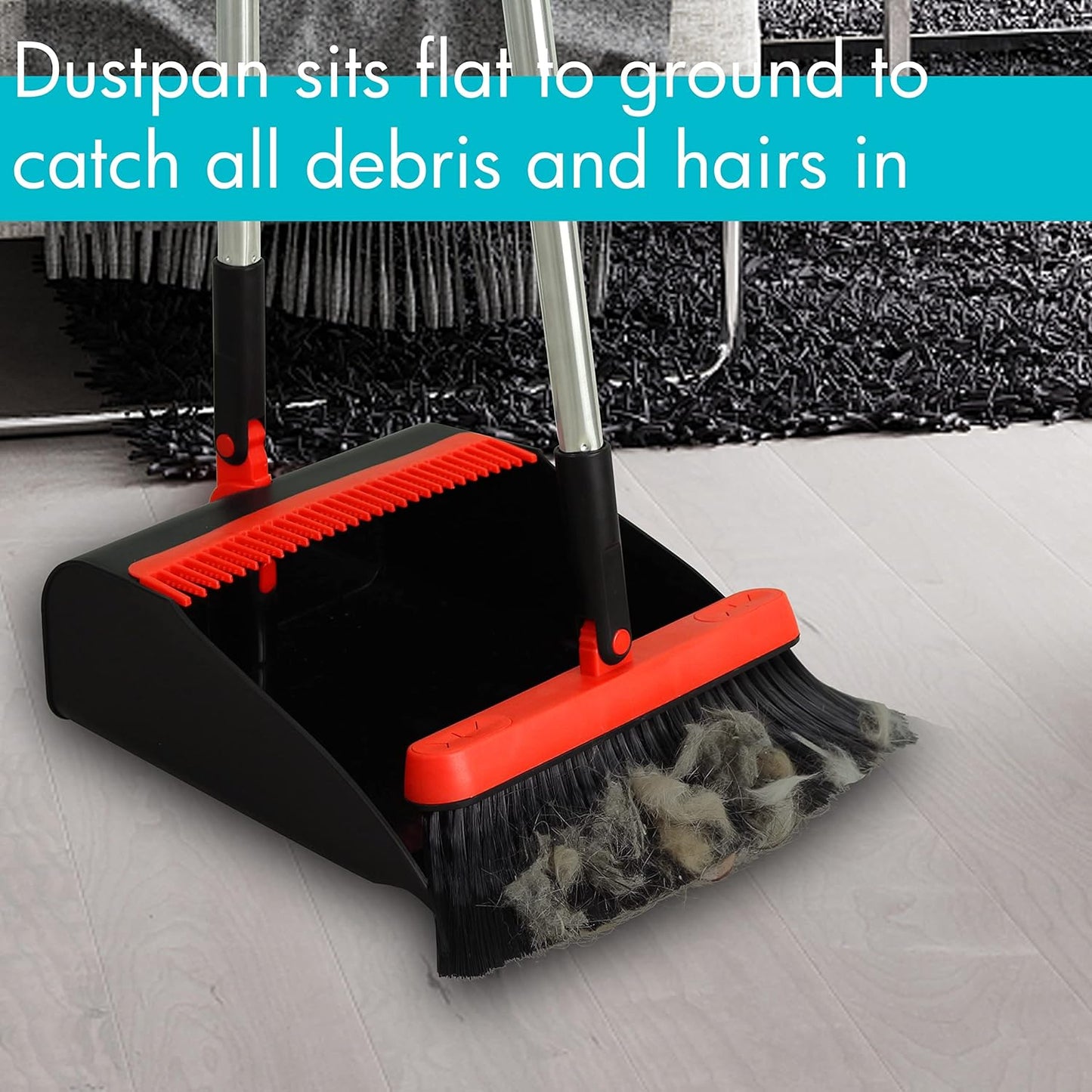 2-Pack Broom and Dustpan Combo Set, with 48" Adjustable Long Stainless Handles, Stand Up Dustpan with Self-Cleaning Teeth, Ideal for Home, Office, Kitchen, Indoor & Outdoor Use, Black