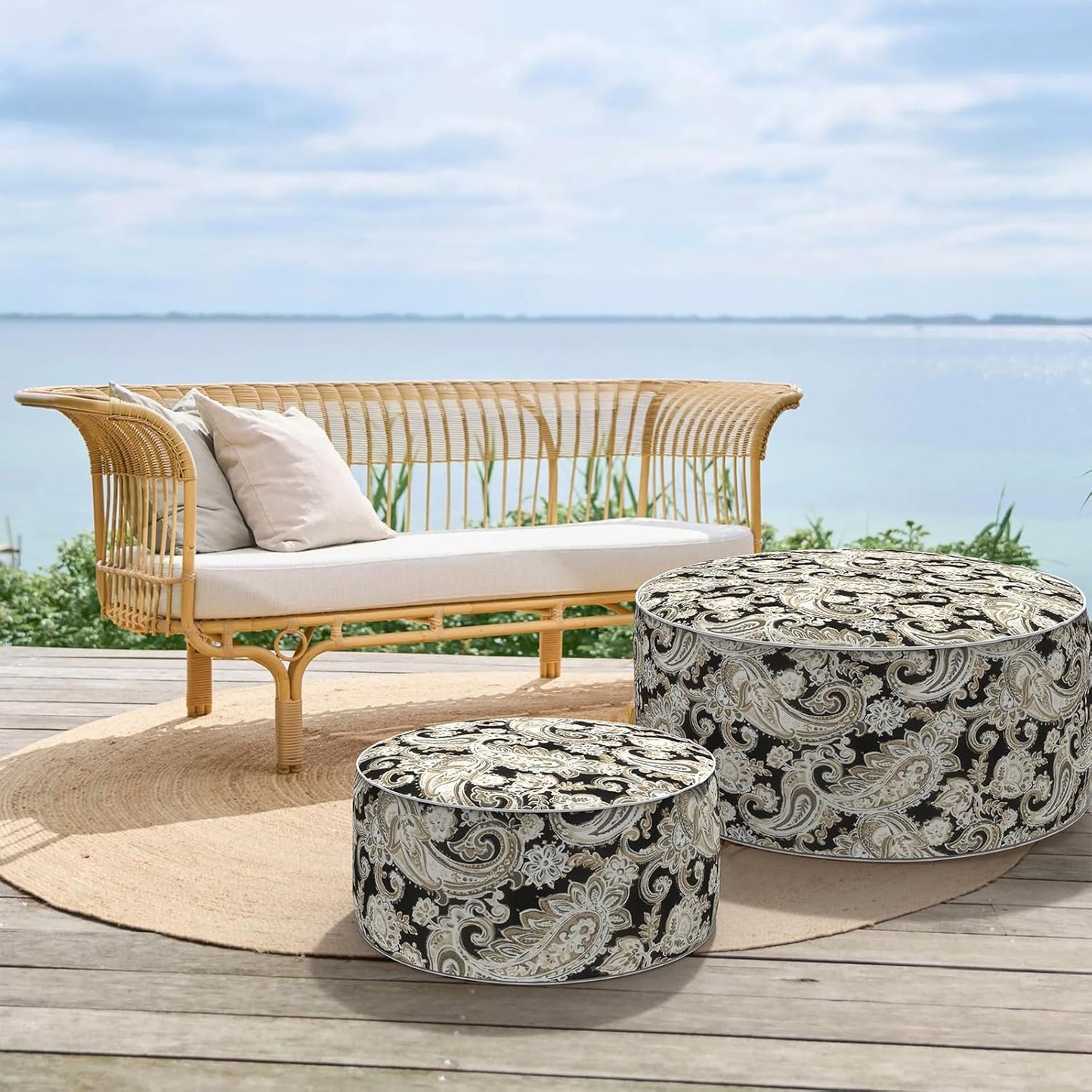 Inflatable Ottoman Stool D31 xH14 for Outdoor/Indoor Use, Water Repellent Patio Foot Rest Stool with Portable Handle,Round Pouf Ottoman Suitable for Garden,Deck and Camping - Paisley Black