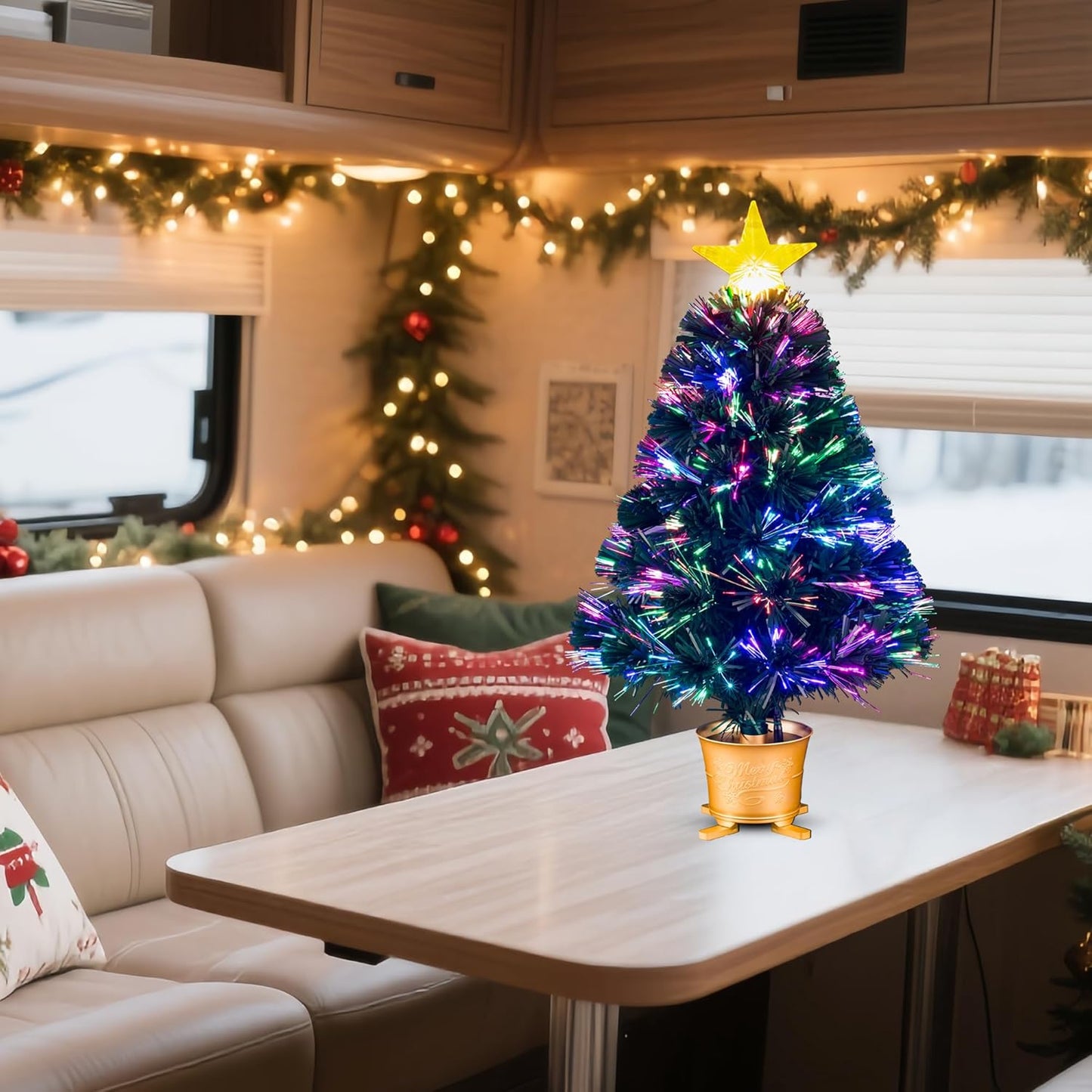 YUETJIN 24inch Pre-lit Mini Fiber Optic Tabletop Artificial Christmas Tree,Small Xmas Tree with Stars Decorations-Gold