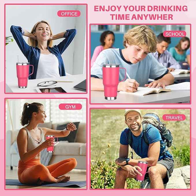 30 oz Tumbler with Handle, Stainless Steel Insulated Tumbler with Lid and Straw, Double Wall Vacuum Coffee Mug Tumbler, Insulated Coffee Thermal Cup for Cold and Hot (Peach Pink)