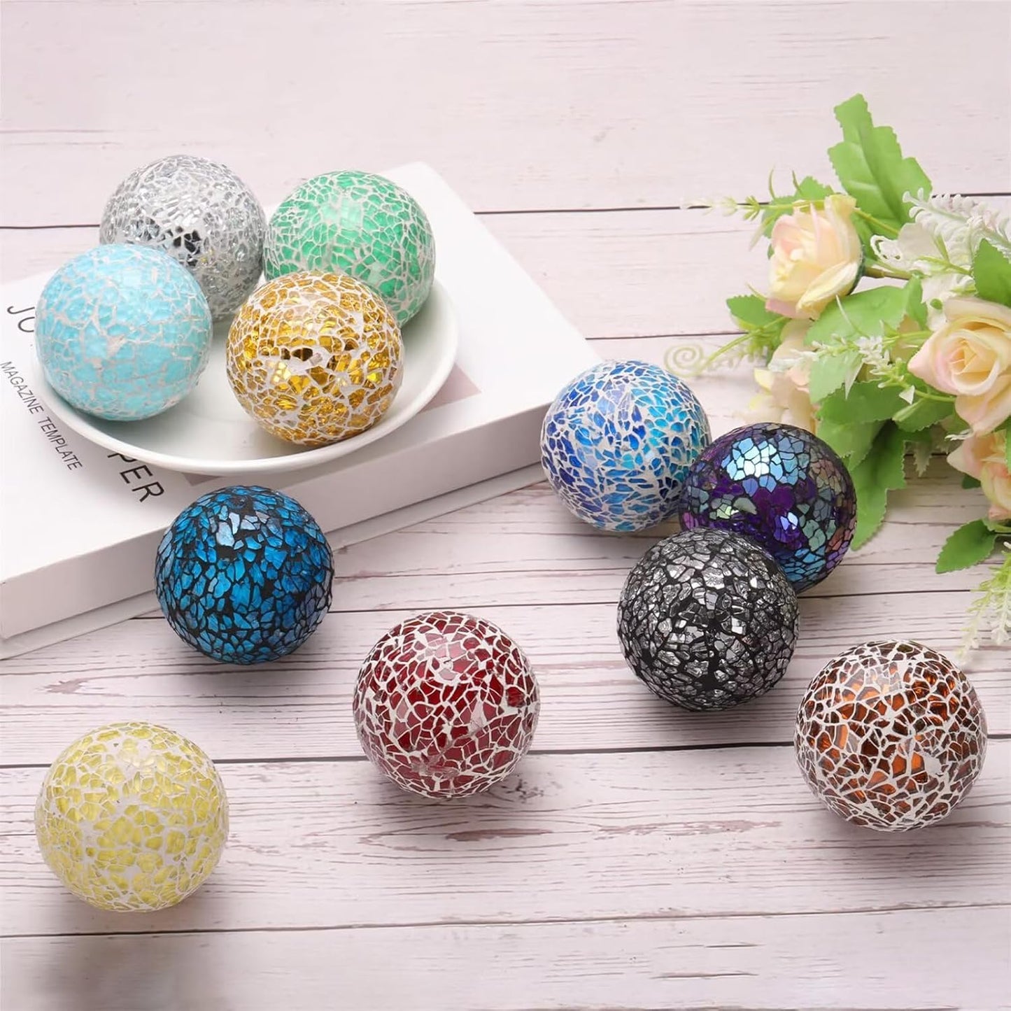 Premium Decorative Ball for Bowls,4" Mosaic Glass Balls Orbs Glass Ball for Home Decor Dining Thanksgiving Christmas Wedding Party Ornaments Coffee Table Centerpiece Decor(3Pcs Red)