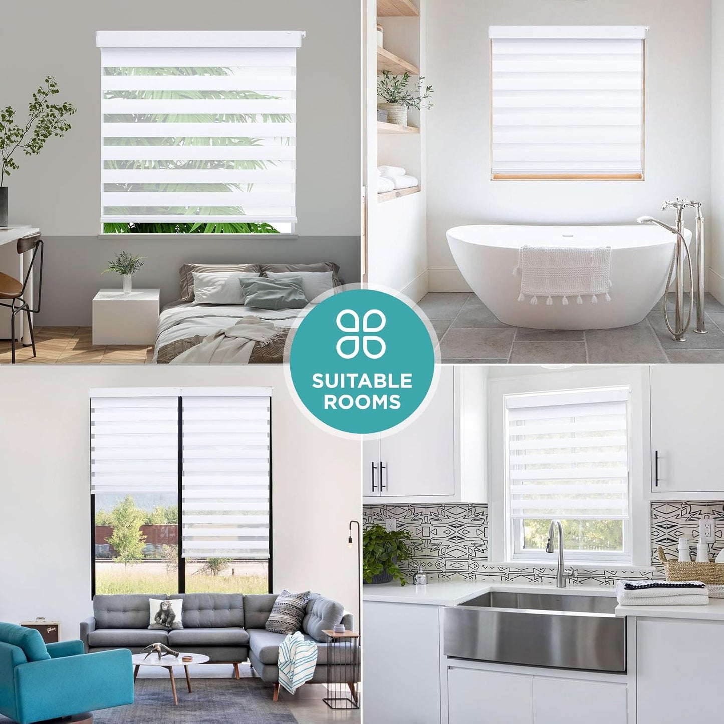 Joydeco No Drill Zebra Blinds for Windows, Cordless Day & Night Dual Sheer Roller Shades, Easy Installation, Free-Stop Light Filtering Privacy Blinds for Home(White,34" W x 75" H,2025 Version)