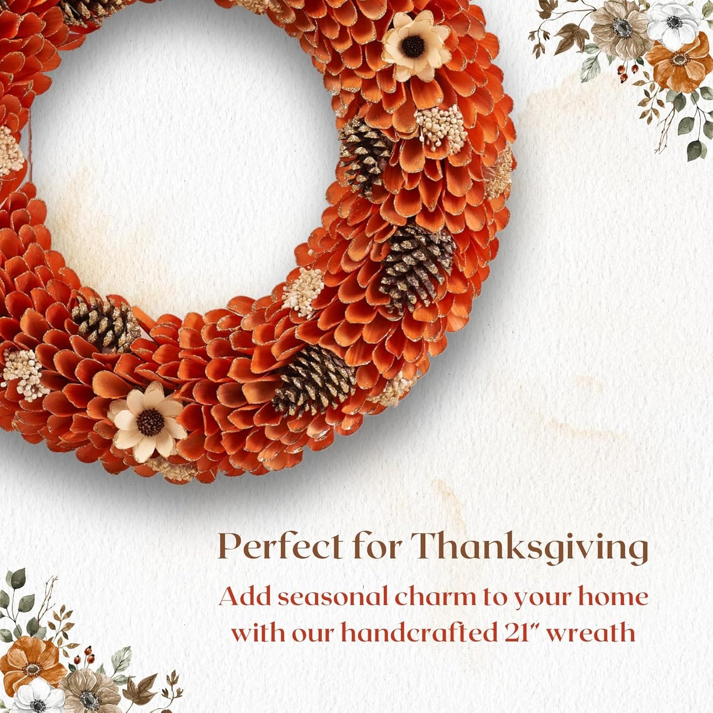 21" Fall Harvest Wood Curl Pinecone Wreath - Premium Handcraft Fall Wreaths for Front Door | Perfect for Autumn & Thanksgiving Decor