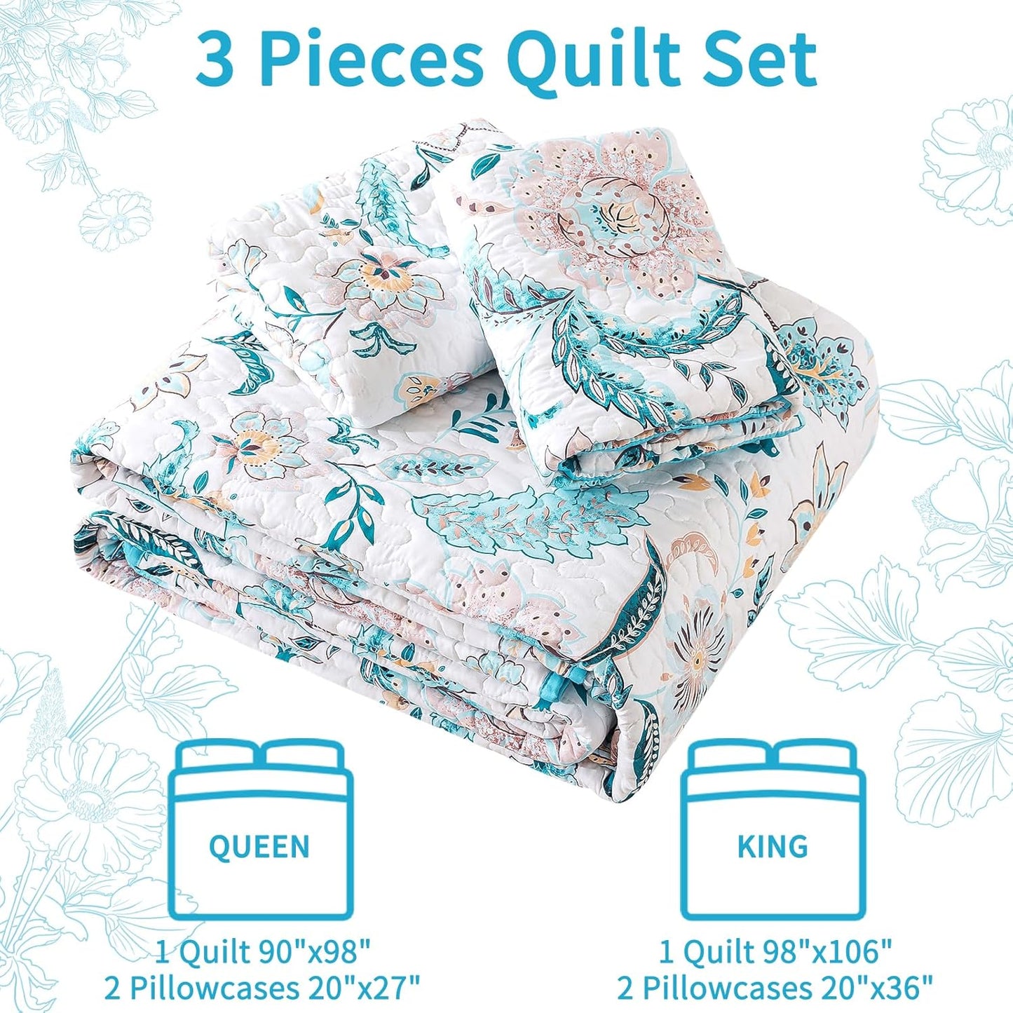 VAPUTAR Garden Queen Size Bedspread for Adults - Floral Quilt Queen Size Bedding Set (90 x 98 inch) with 2 Pillow Shams - Lightweight Reversible Coverlet Quilt for Bedroom, 3 Pieces