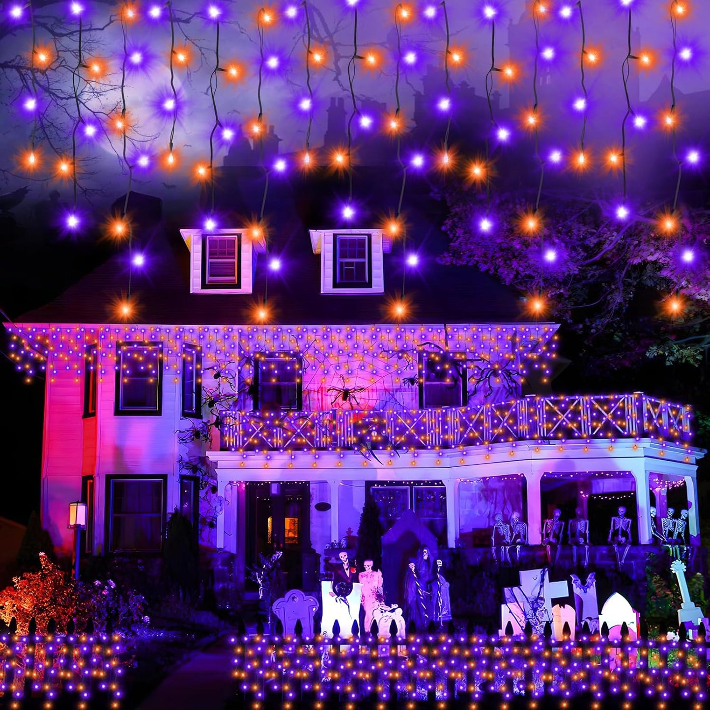 Halloween Lights Outdoor Decorations, 640 LED 66FT Orange and Purple Light, 8 Modes Plug in 120 Drops Ice String Lights with Timer Memory Function Hanging Light for Halloween Party Decor
