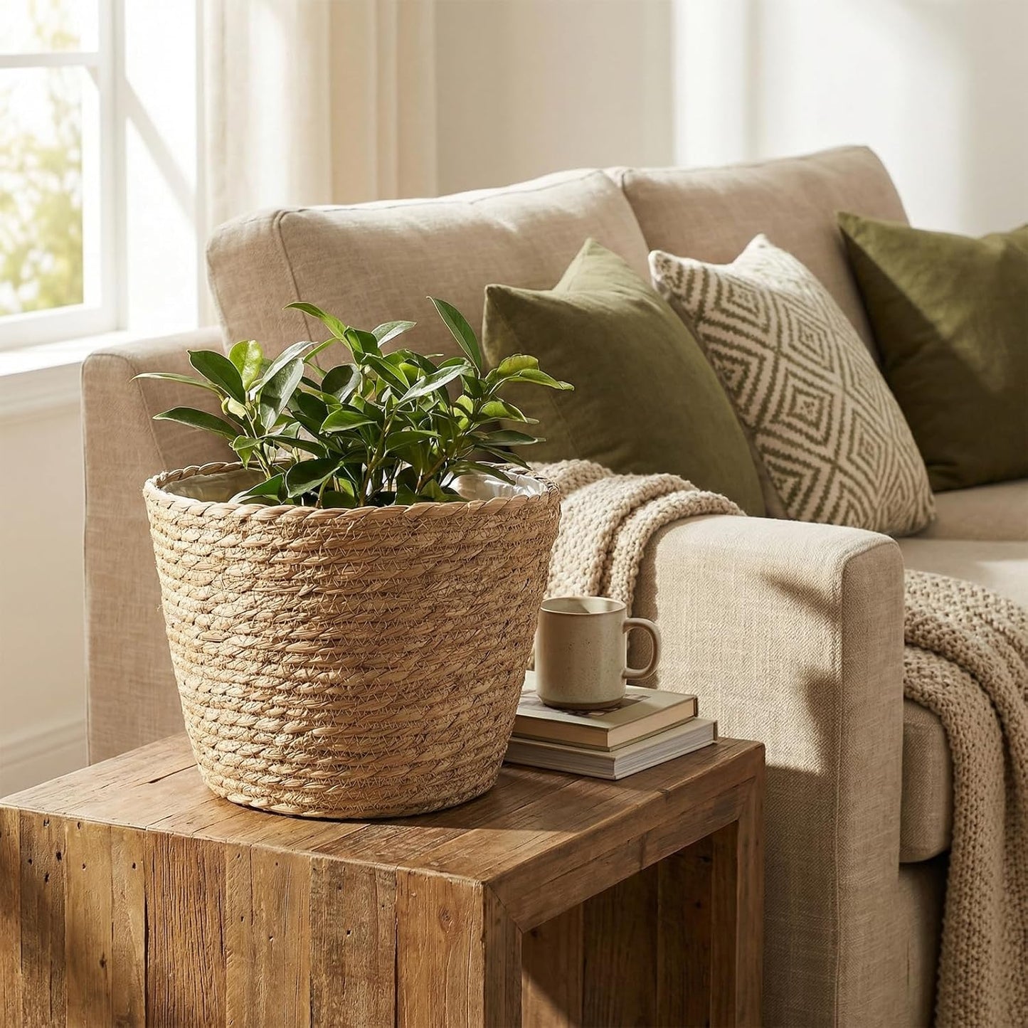Set of 4 Seagrass Planter Basket, 6" 7" 9" 10" Hand Woven Plant Basket with Waterproof Plastic Liner, Round Natural Flower Pot for Indoor Outdoor Modern Home Decoration, Brown