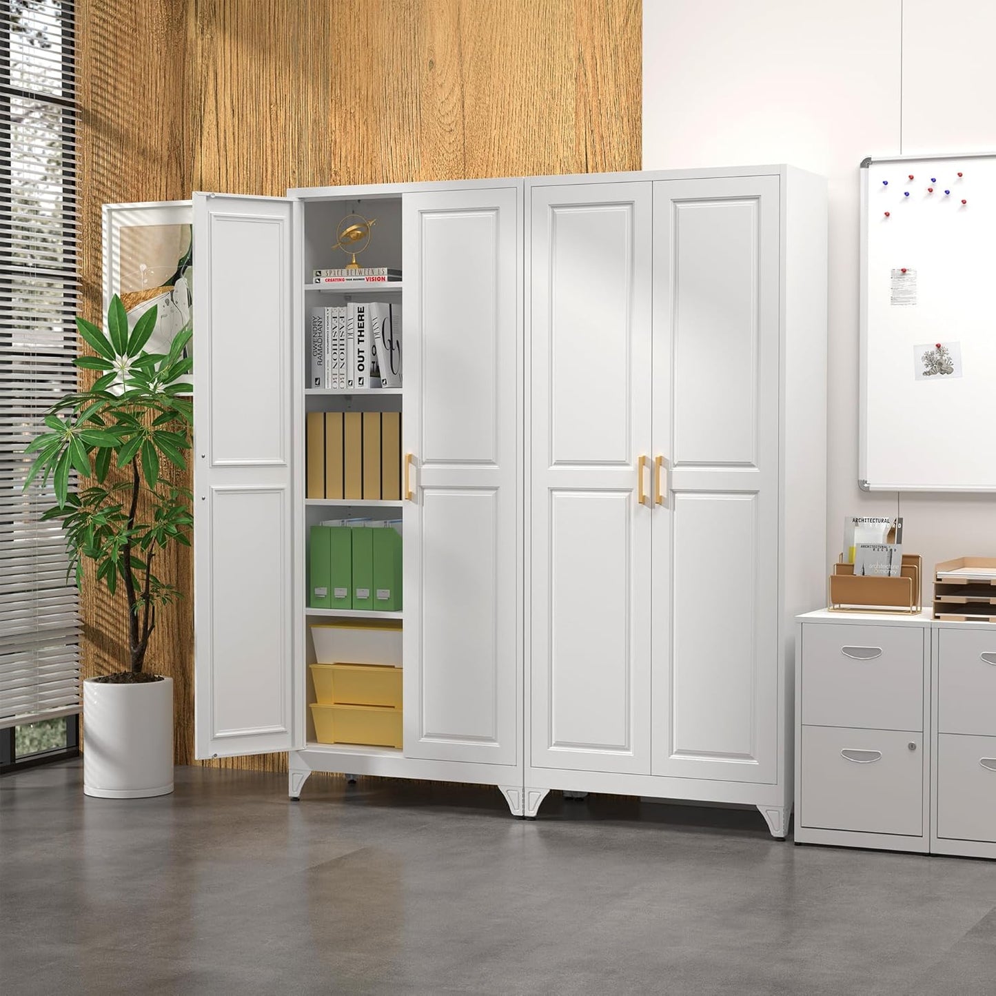Kitchen Pantry Cabinet,75”White Metal Storage Cabinets with Doors and 4 Adjustable Shelves,Kitchen Cabinet with 2 Gold Handles,Tall Cabinet for Livingroom,Pantry, Bathroom - Lumora Casa