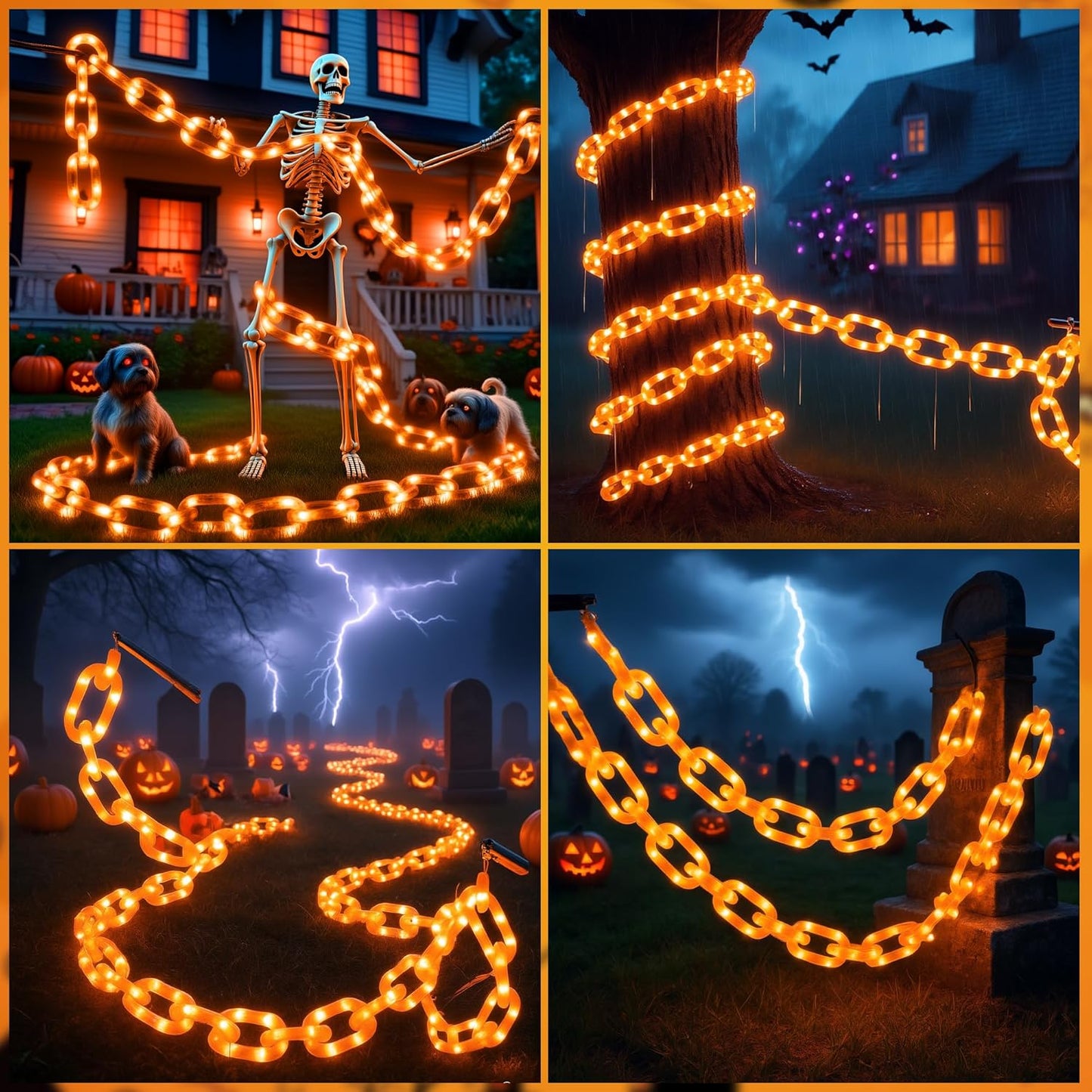 woohaha Halloween Decorations Plastic Chain Lights,10.5FT 175LED Orange Battery/USB Props Chains String Lights,8 Modes and Timer for Outdoor Halloween Party Creepy Cosplay Spooky Ornaments