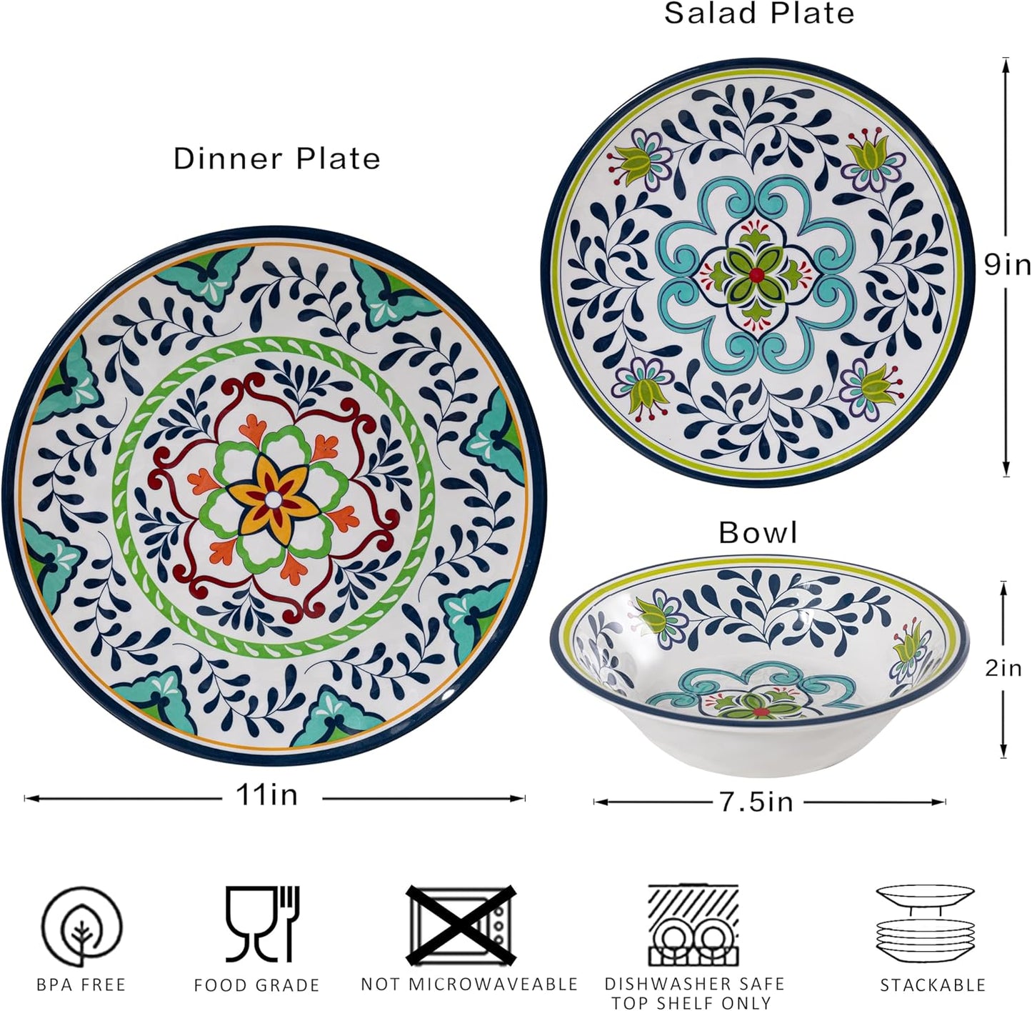 12 pcs Talavera Melamine Dinnerware Set, Service for 4 Melamine Plates and Bowls Set, Unbreakable Dishes Dinnerware Set, Great for RVs, Camping, BPA Free and Dishwasher Safe
