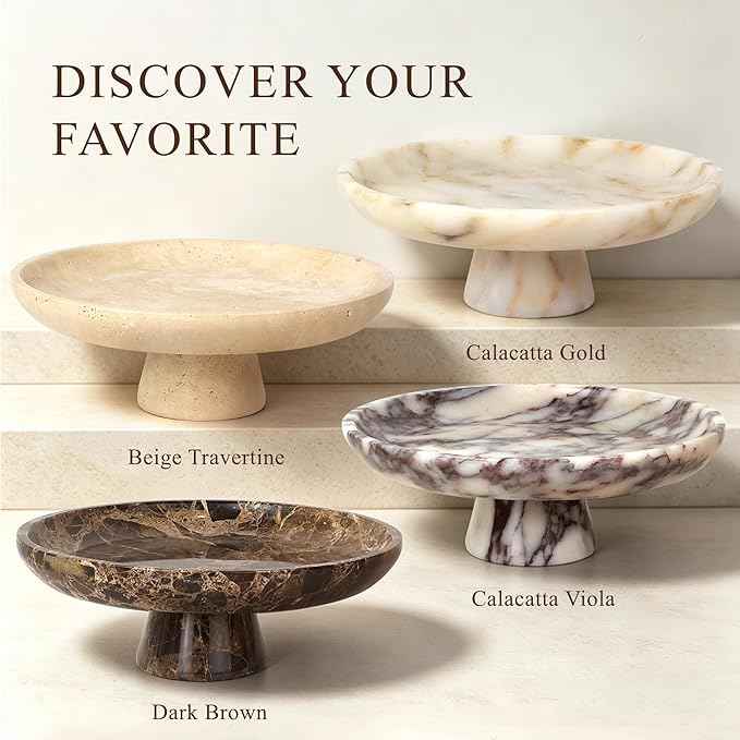 YMXYJM Natural Marble Pedestal Fruit Bowl, Large Decorative Bowl for Kitchen Counter/Living Room/Dining Table/Entryway,Calacatta Viola Purple
