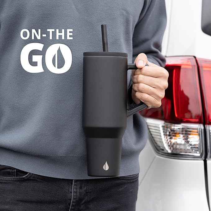 Elemental 40 oz Tumbler with Handle and Straw - Spill Proof Insulated Stainless Steel Commuter for Cold Beverages - Travel Coffee Mug with 2 Straws & Spill Proof Lid - 40oz - Black