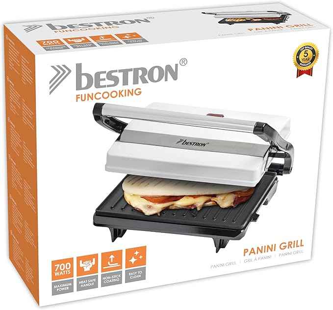 Bestron Grill a contatto per toast e panini, Rivestimento antiaderente, Viva Italia, 700 W, Bianco