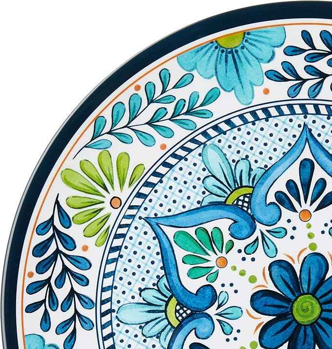 Talavera Melamine 12-Piece Dinnerware Set – Multicolored Plates and Bowls for 4, Spanish Tile-Inspired, Durable, Lightweight, Shatterproof, Dishwasher Safe, Indoor Outdoor Tableware