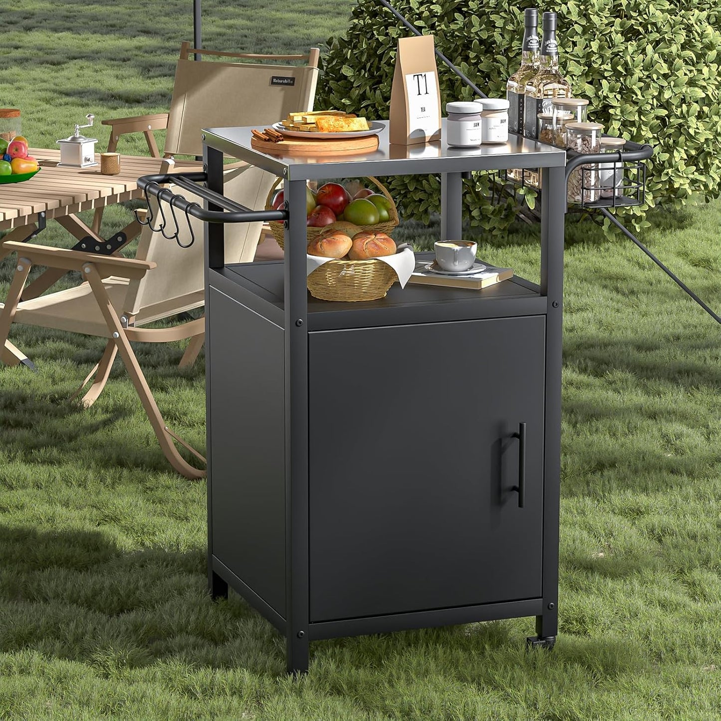 Outdoor Grill Cart with Storage Cabinet, Prep Table with Stainless Steel, BBQ Tables Cart Portable Patio Bar with Lockable Wheels, Movable Kitchen Island for Outside Backyard Patio