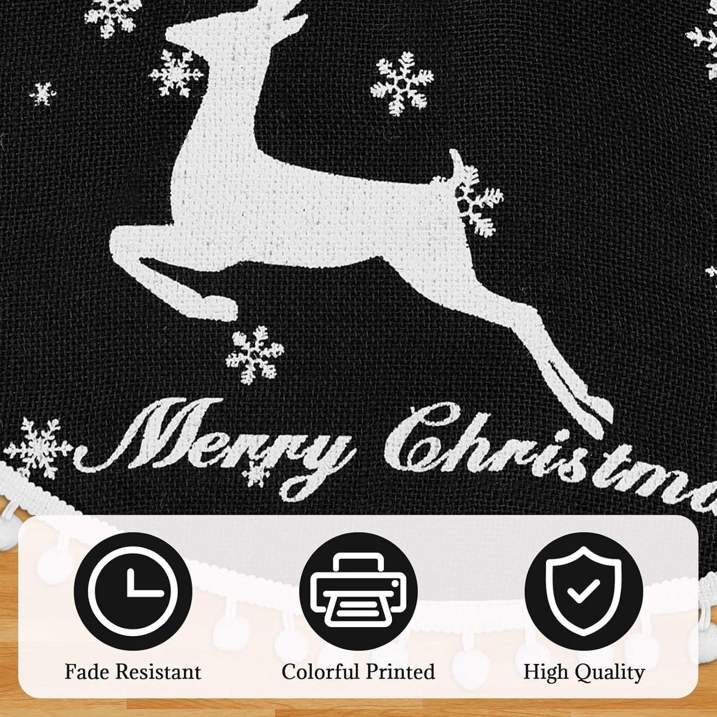 30 Inch Christmas Tree Skirt, Burlap Black Christmas Rustic Tree Skirt with Elk Deer and White Snowflake Printed for Holiday Party Xmas Tree Decoration