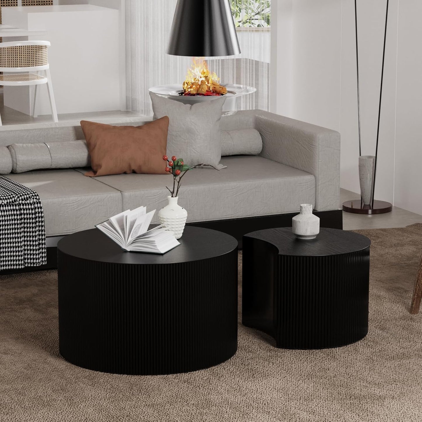 Round Nesting Coffee Table Black Round Fluted Coffee Table Set of 2 for Living Room Small Circle Drum Coffee Tables Crescent End Table (Black B 27in)