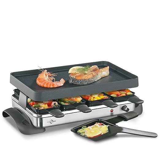 Küchenprofi Raclette GRANDE8 Stainless Steel for 8 People, 1200 Watt, 47 x 24.5 x 13.5 cm, Table Grill and Pans with Non-Stick Coating 8 Scrapers, Continuously Adjustable Temperature