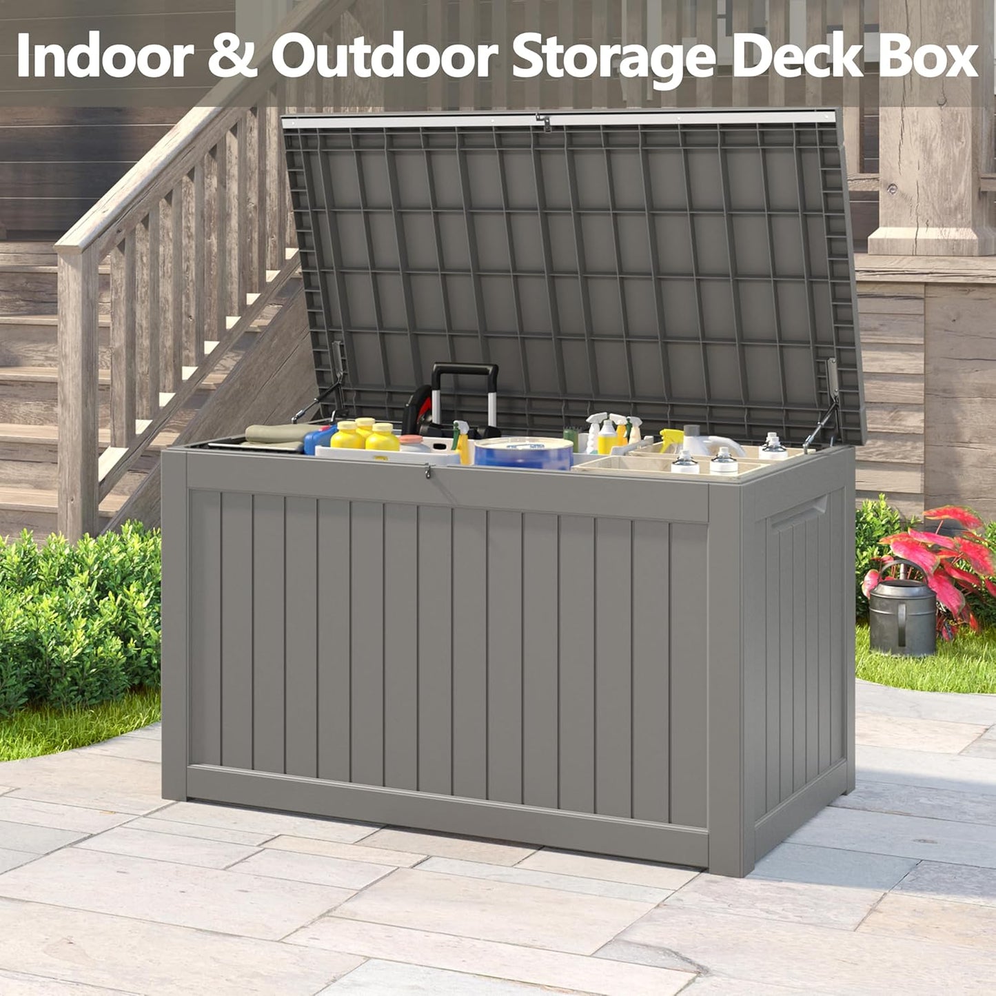 Outdoor Storage Box, 230 Gallon Deck Box, Waterproof and UV Resistant Large Resin Storage Bin, Organization and Storage for Patio Furniture, Outdoor Cushions, Garden Tools, Lockable