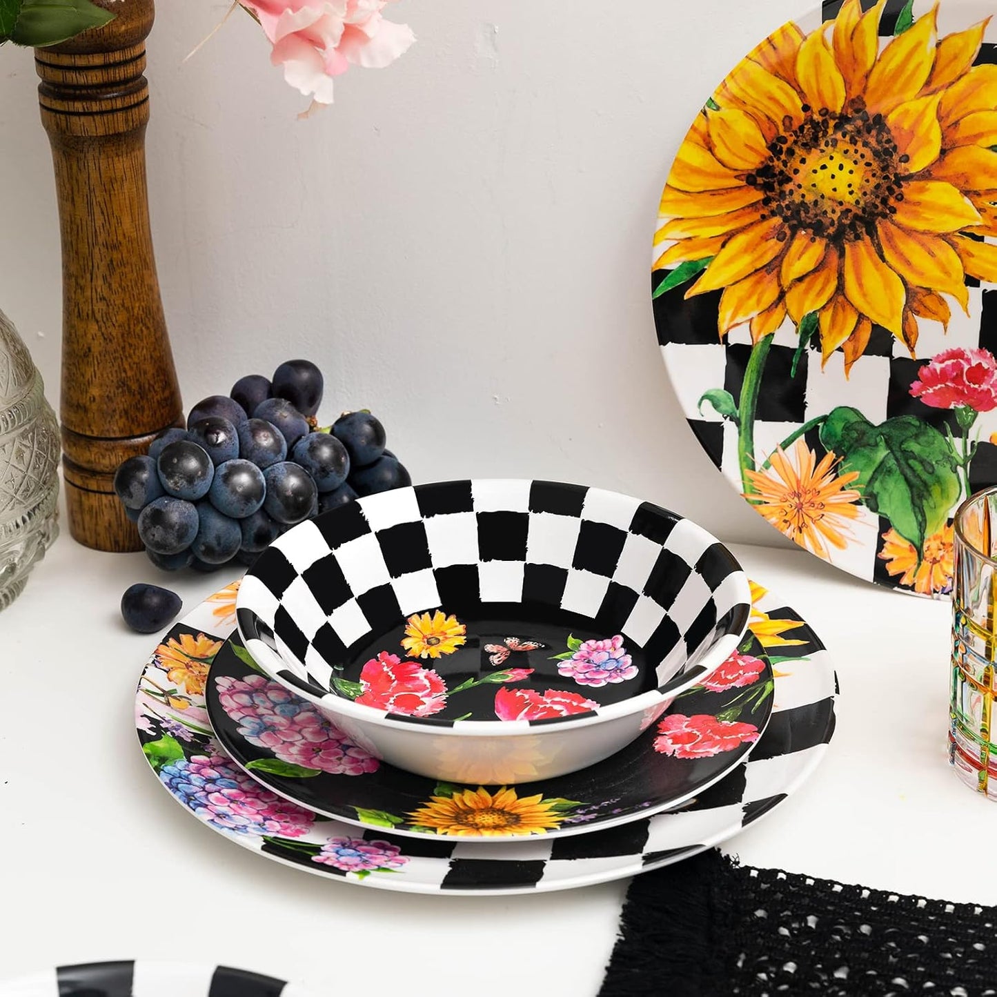 LEHAHA Sunflower 12-Piece Melamine Dinnerware Set Include Plates/Dishes and Bowls, Service for 4, BPA Free and Unbreakable Black Plaid Floral Dish Set for Indoor and Outdoor Use…