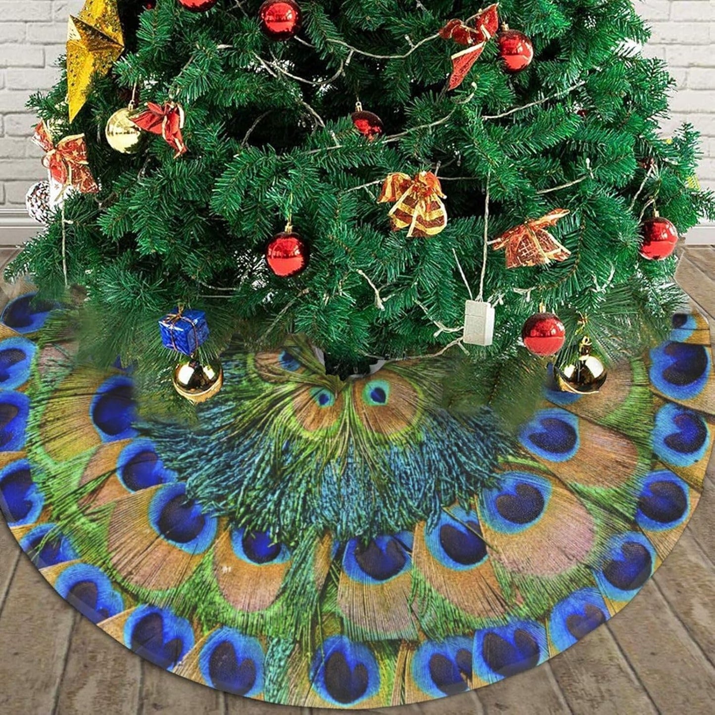 Christmas Tree Skirt,Peacock Feathers Circle Xmas Tree Skirt Rustic Farmhouse Tree Skirt for Christmas Decor Xmas Holiday Home Party Decorations36
