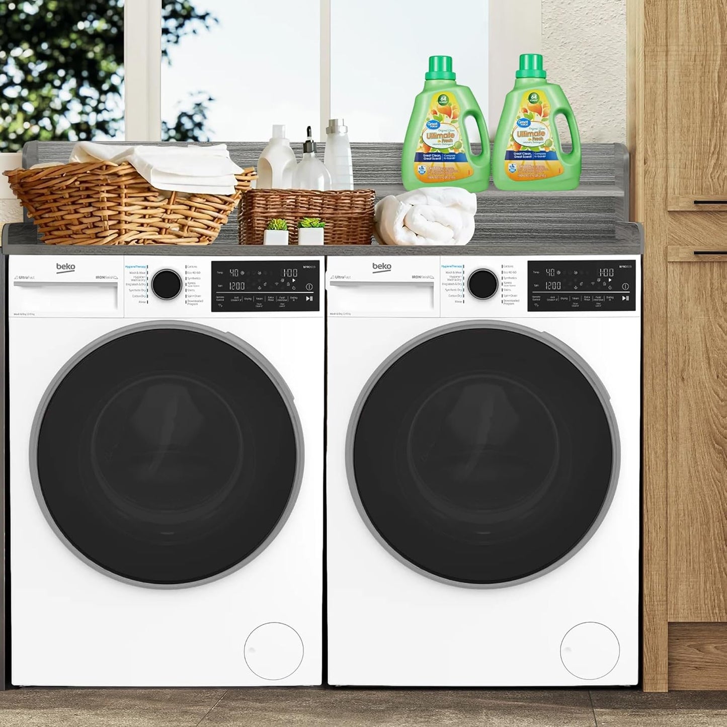 Royxen Laundry Countertop with 2-tier Shelf Universal Fit, Washer and Dryer Countertop with Storage Space, Shelf Height 11.5 Inches, Solid Wood, Eucalyptus - Lumora Casa
