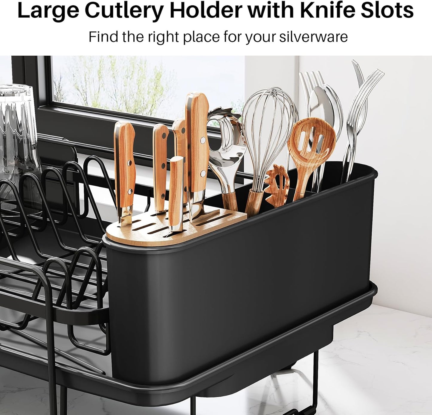 SNTD Dish Drying Rack - Large Dish Racks for Kitchen Counter, Expandable Dish Drainers with Cutlery Holder Stainless Steel Rustproof, Black