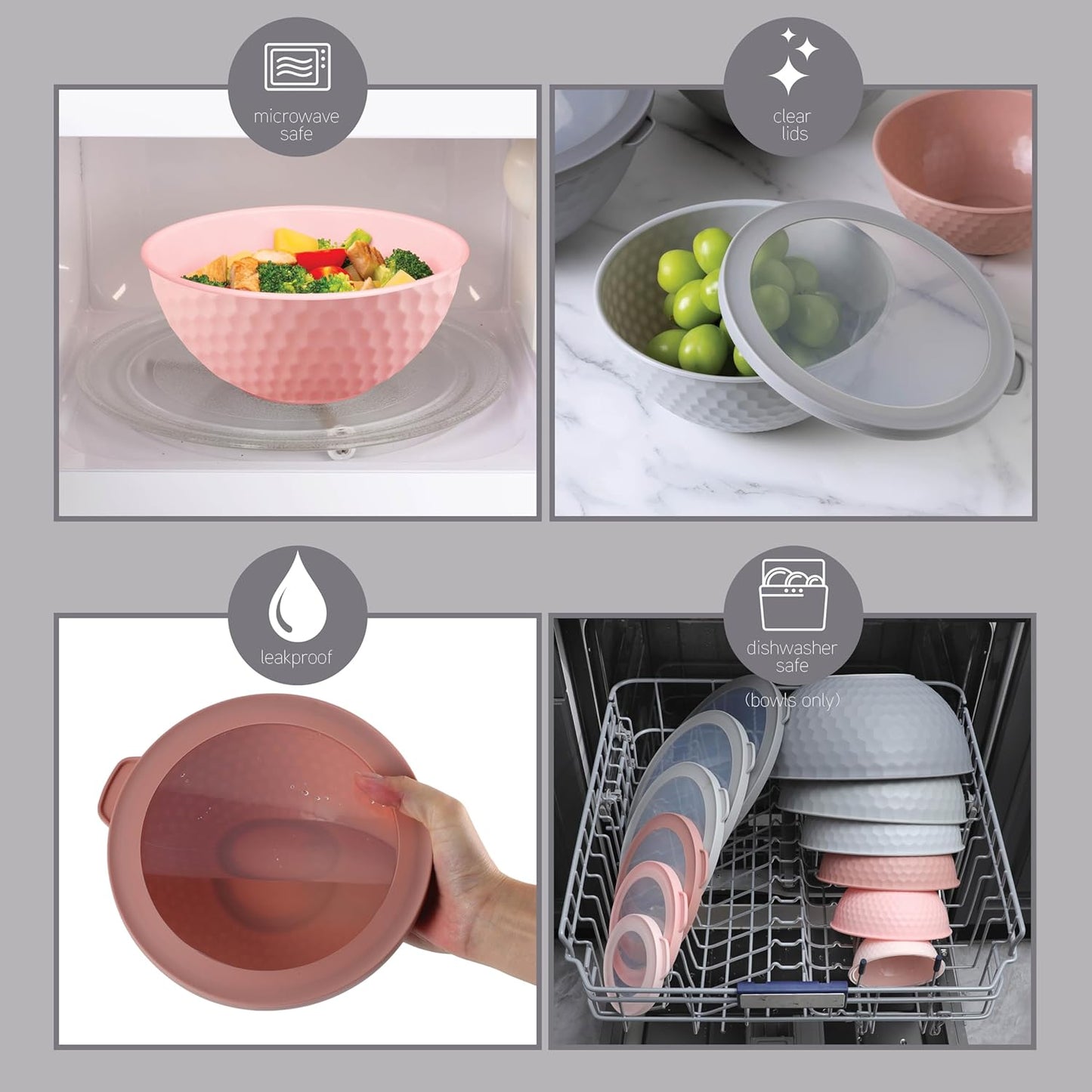 COOK WITH COLOR Mixing Bowls with Lids - 12 Piece Plastic Nesting Bowls Set includes 6 Prep Bowls and 6 Lids, Microwave Safe Mixing Bowl Set, Pink Embossed