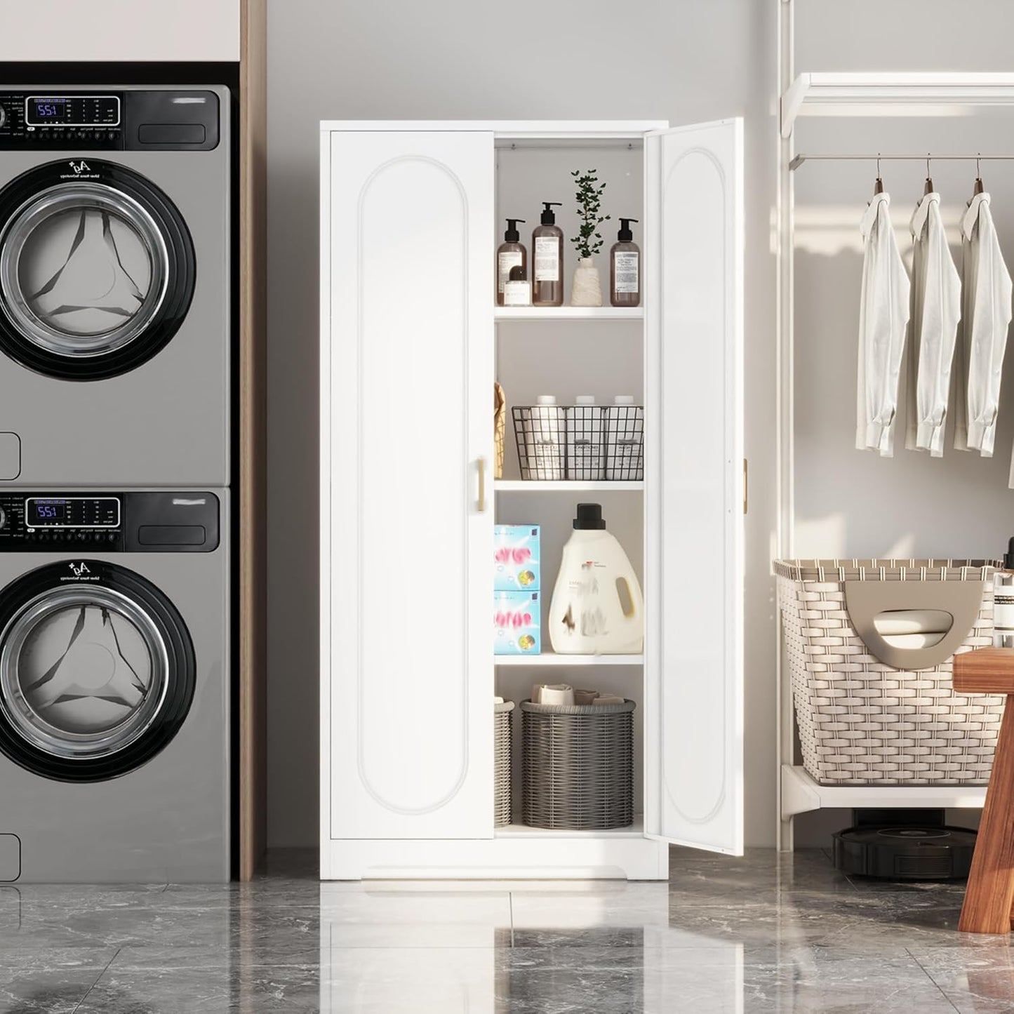 Kitchen Pantry Cabinet,60”Metal White Storage Cabinets with Doors and Shelves,Tall Cabinet with 2 Gold Hands for Dinning Room,Living Room - Lumora Casa