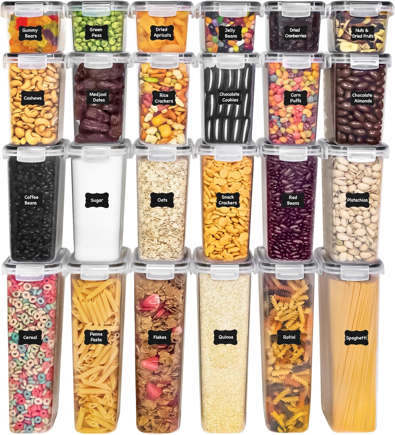 Freshware Kitchen Storage Containers with Lids, 48 PCS Airtight Food Storage Containers, Plastic Kitchen Containers, Pantry Containers for Cereal, Dry Food, Includes Labels, Marker & Measuring Spoons