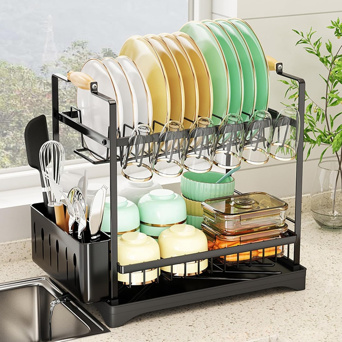 APSARAS USA 2-Tier Dish Drying Rack, Dish Rack with Wooden Holder Over The Sink Dish Drying Rack Kitchen, Rustproof Kitchen with Drainboard,16.5"x9.8" x19.7",Stainless Steel Drainers