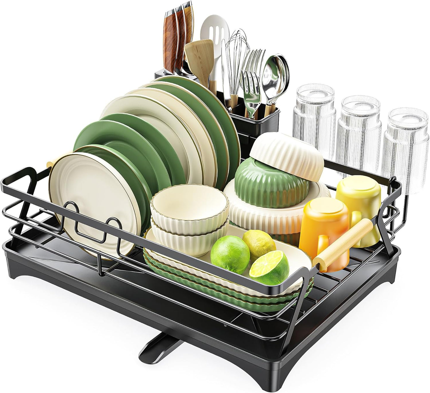 Epicano Dish Drying Rack for Kitchen Counter - Large Capacity Dish Rack with Wooden Handle,Cup Holder & Knife Slots, Rustproof Dish Drainer with Auto-Drainage System, Kitchen Sink Organizer, Black