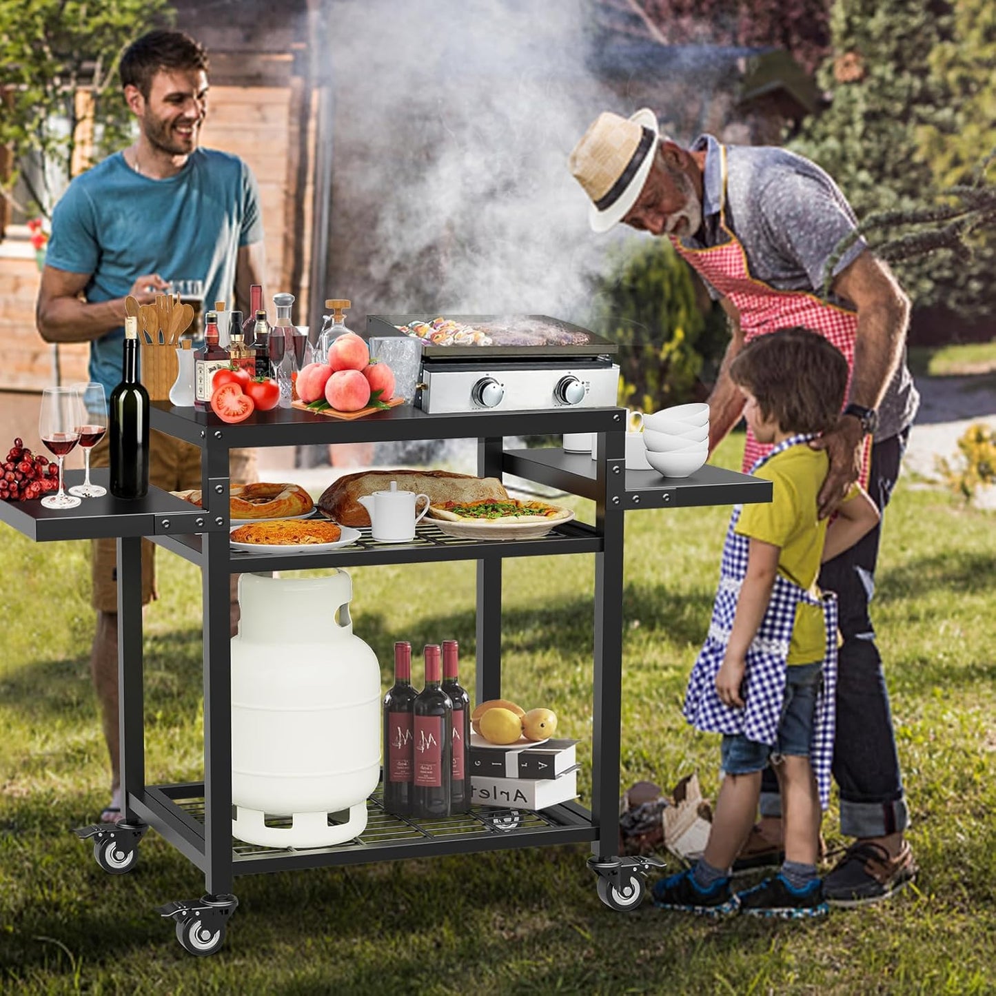 Outdoor Grill Table, Movable Grill Cart for Blackstone Griddle, Pizza Oven Stand for Onni, Kitchen Cooking Prep Table BBQ Cart for Party, Bar, Camping