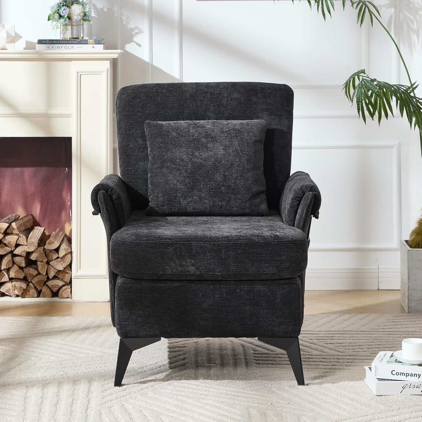 KCC Mid-Century Accent Chairs,Chenille Modern Upholstered Single Sofa,Cozy Armchair with Back for Bedroom/Office/Cafe,Black