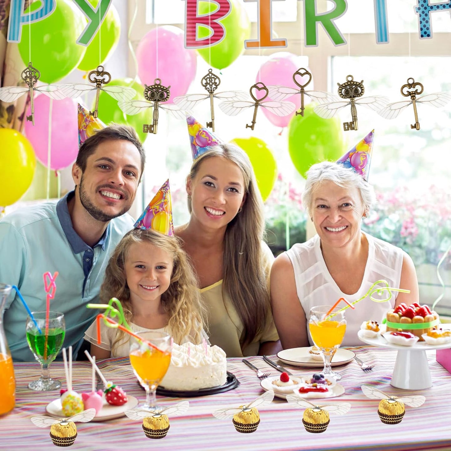 SANNIX 30 PCS Vintage Skeleton Keys Flying Keys with 30 Pairs Dragonfly Wings and 30 Yards Elastic String for Party Decorations