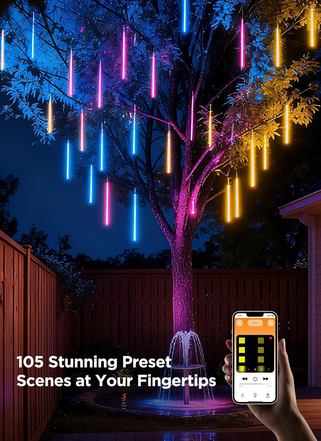 Smart Meteor Shower Rain Lights, 8Tube 128LED 11.48ft Color Changing Icicle Christmas Lights Outdoor Outside, APP Controlled RGB Customize Display DIY Dynamic Lighting Effect