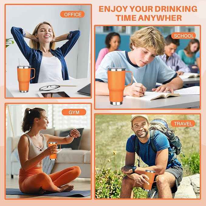 30 oz Tumbler with Handle, Stainless Steel Insulated Tumbler with Lid and Straw, Double Wall Vacuum Coffee Mug Tumbler, Insulated Coffee Thermal Cup for Cold and Hot (Orange)