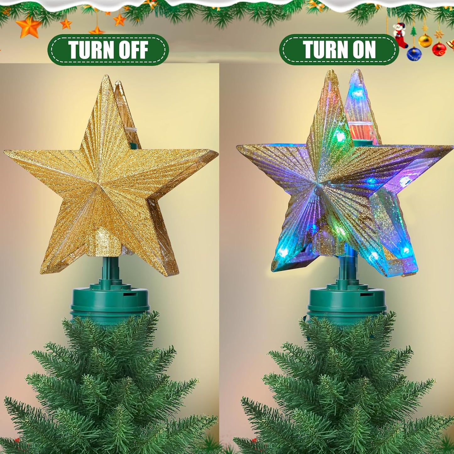 Christmas Star Tree Topper with 4 Projection Modes, Rotating 7 Color Gradient Tree Topper with Built-in LED Rotating Lights, Tree Top with Golden Spangles Plated Plug in for Christmas Decorations