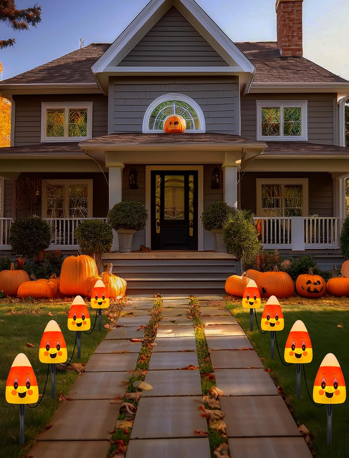 4 Pack Halloween Candy Corn Pathway Marker Lights with C7 Clear Bulbs, 7Ft Candy Night Light with 4 Stakes, Extendable Waterproof Pathway Decor for Yard Porch Lawn Pathway Garden