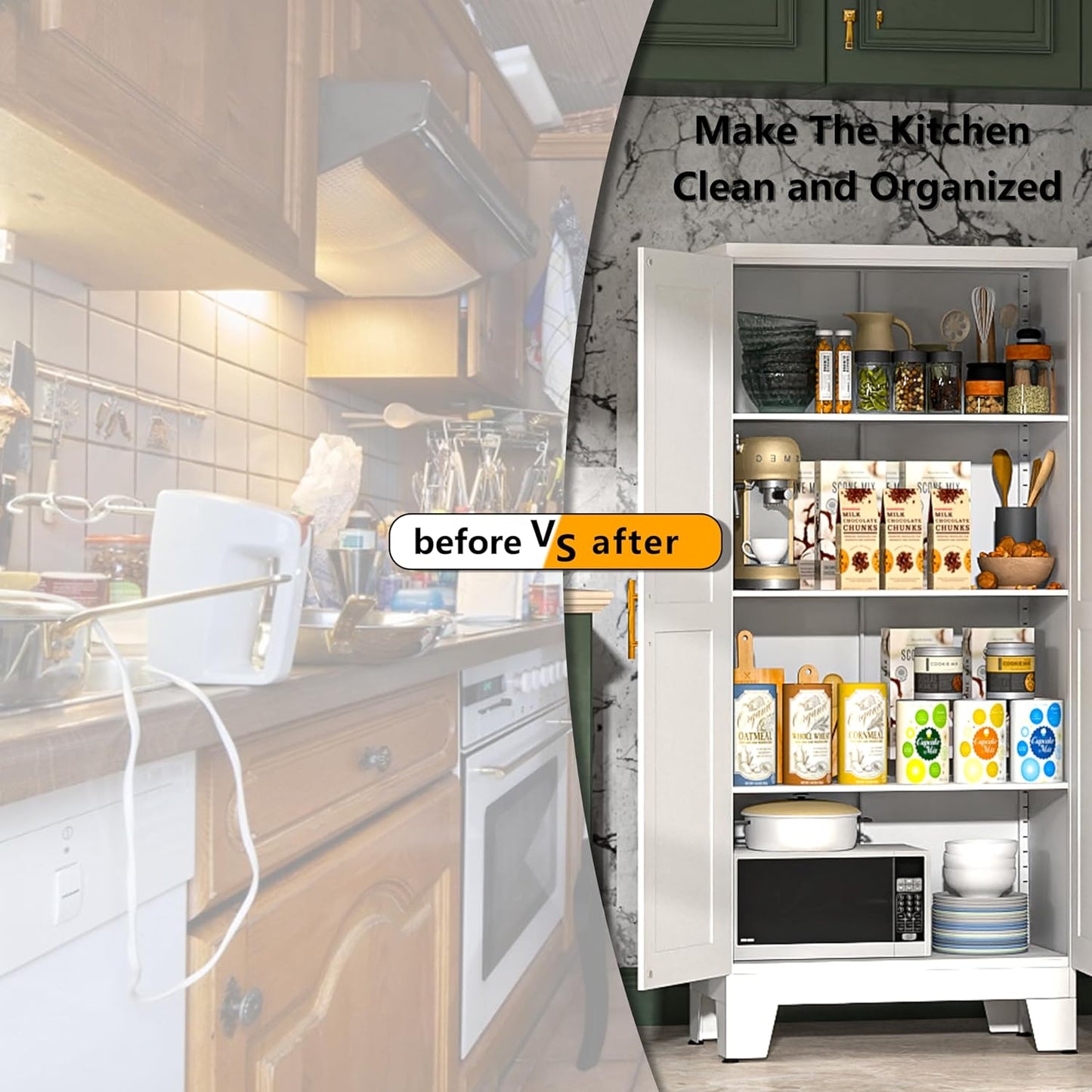 White Metal Kitchen Storage Cabinet, Kitchen Pantry Storage Cabinet with Doors and Shelves, Storage Cabinet with Adjustable Leveling Foot for Kitchen, Living Room and Dining Room. 61" H - Lumora Casa