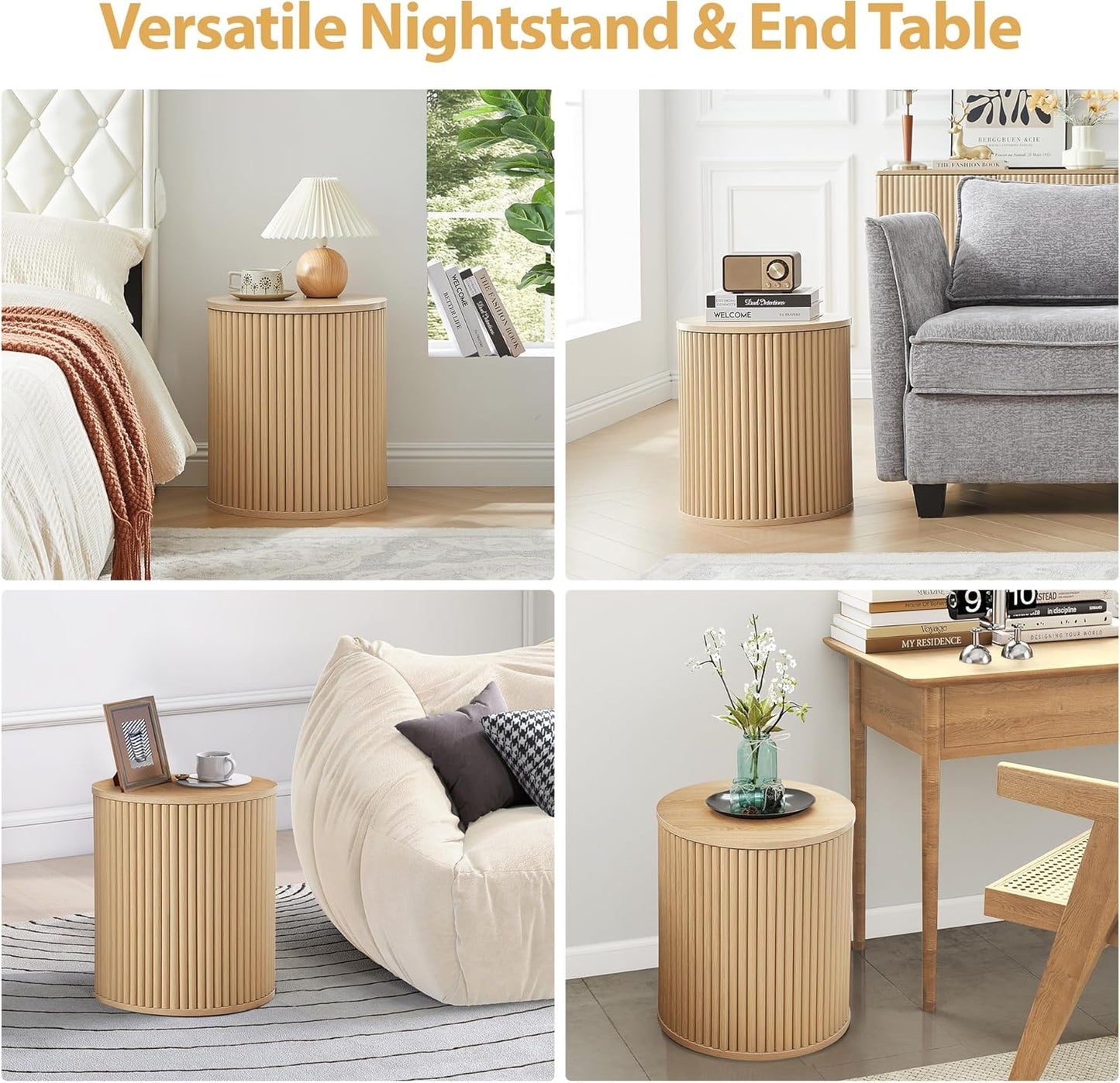 AVZEAR Small Round Side Table Fluted Night Stand Set of 2, Modern Boho End Table with Storage, Circle Bedside Tables Wood Nightstands for Small Spaces, Living Room, Bedroom (Nature)