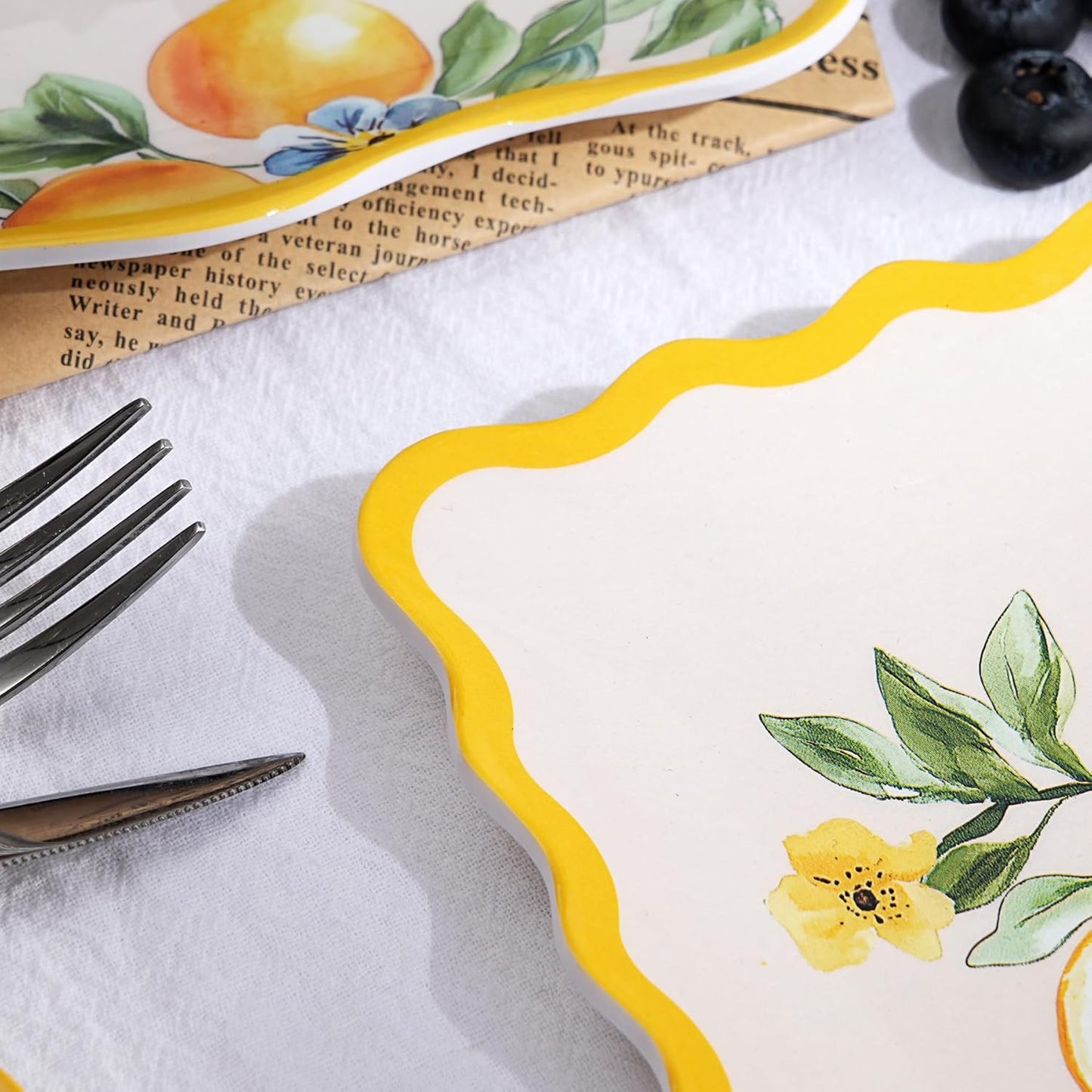 6.6 Inch Square Plates & 8.8 Inch Rectangle Plates, Melamine Dinnerware Set for RV, Camping, Outdoor, Lemon Design, 12 Pcs, Lightweight & Durable